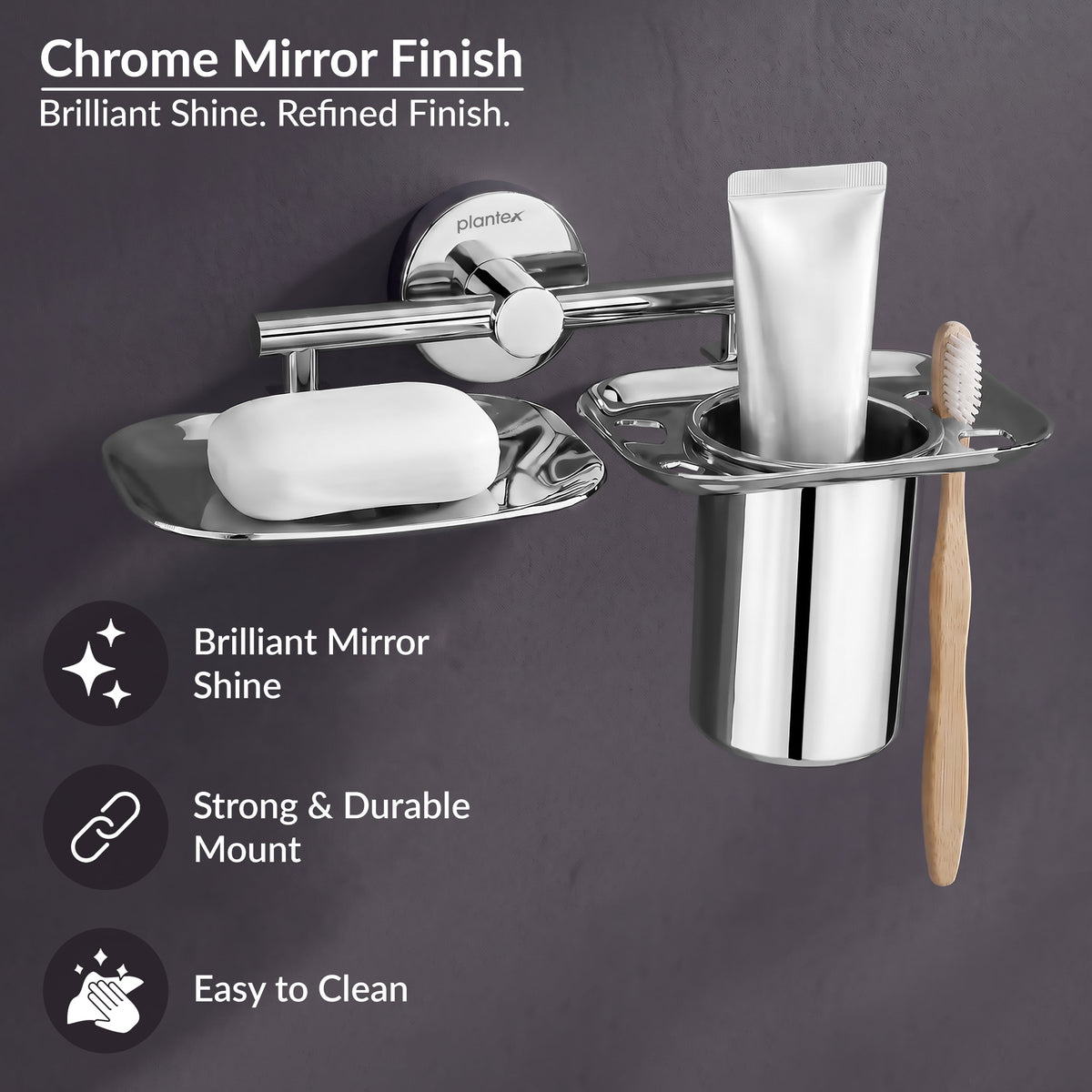 Plantex J4 Stainless Steel 2in1 Soap Dish with Tumbler Holder/Soap Stand/Tooth Brush Holder/Bathroom Accessories - (Chrome)-4