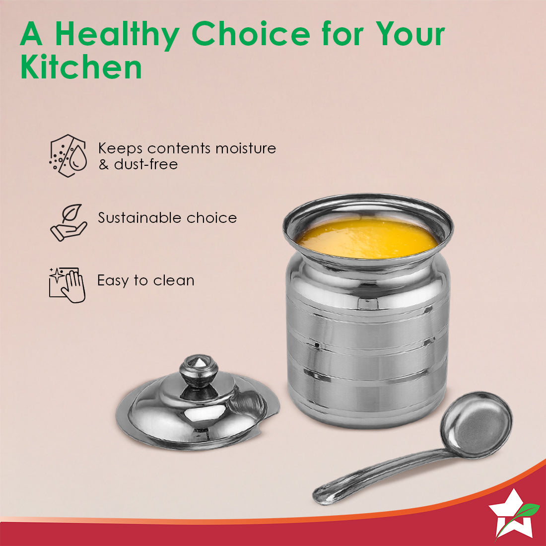 Wonderchef Ambrosia Premium Stainless-steel Ghee Pot with Spoon & Lid, 500 ml, Tight SS Lid, Rust-resistant & Durable Ma