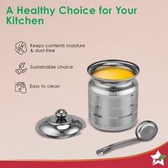 Wonderchef Ambrosia Premium Stainless-steel Ghee Pot with Spoon & Lid, 500 ml, Tight SS Lid, Rust-resistant & Durable Ma