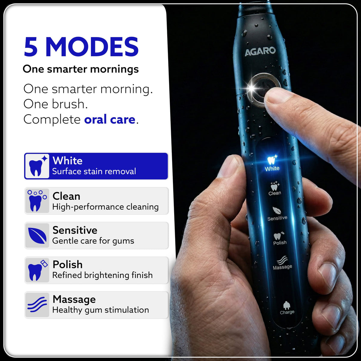 AGARO COSMIC PLUS Sonic Electric Tooth Brush For Adults With 5 Modes, 5 Brush Heads, 1 Interdental Head, Carry Case & Rechargeable With 4 Hours Charge Lasting Up To 25 Days, Power Toothbrush, (Black)-4