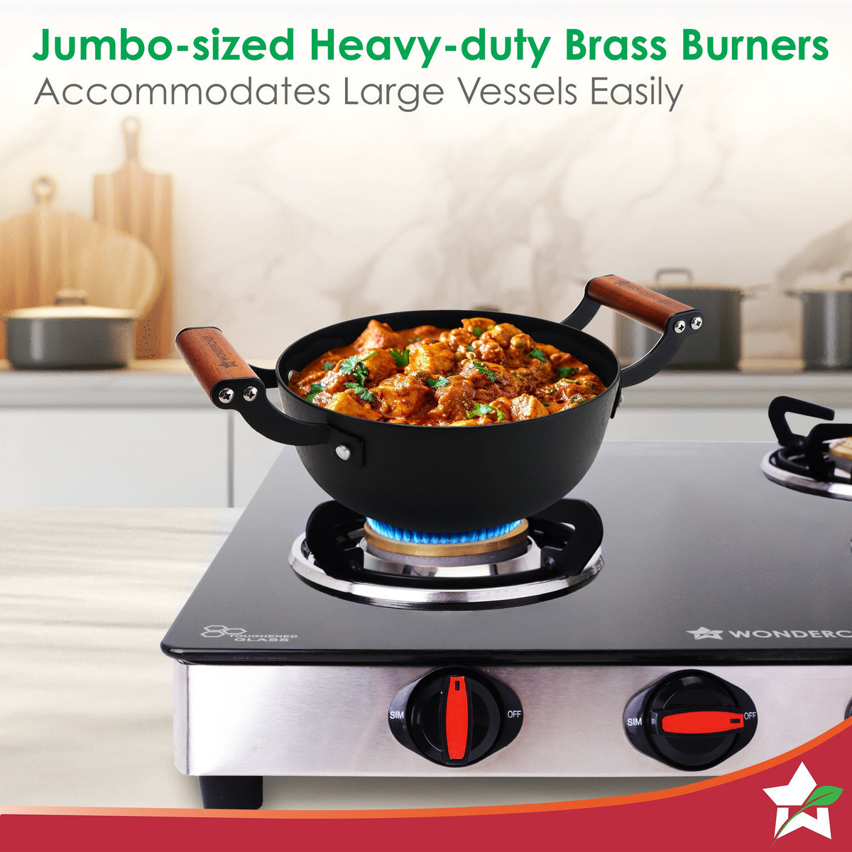 Wonderchef Regal 4 Brass Burner Gas Stove, LPG Gas Stove for Kitchen, ISI Toughened Glass Surface, SS Frame, Spill-proof