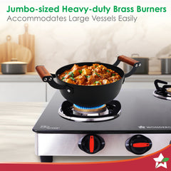 Wonderchef Regal 4 Brass Burner Gas Stove, LPG Gas Stove for Kitchen, ISI Toughened Glass Surface, SS Frame, Spill-proof