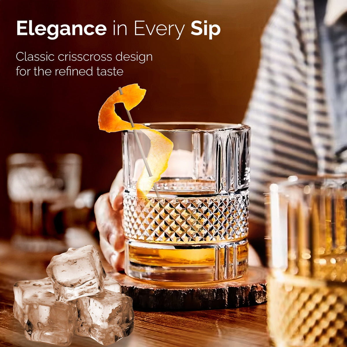 AGARO Elegant Whiskey Glass, Set of 6, 325ML, Crisscross Design, Crystal Clear, Perfect for Scotch, Whisky, Bourbon, Liq