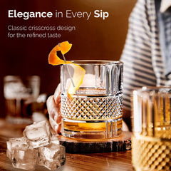 AGARO Elegant Whiskey Glass, Set of 6, 325ML, Crisscross Design, Crystal Clear, Perfect for Scotch, Whisky, Bourbon, Liq