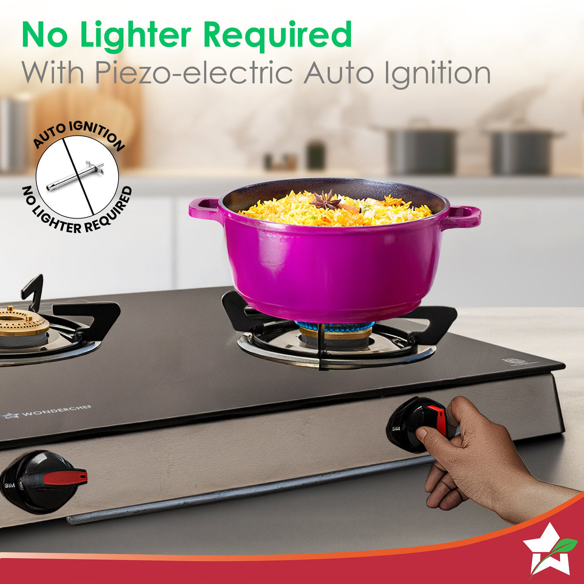 Wonderchef Galaxy 3 Burner Auto Gas Stove | 6mm Toughened Glass | Piezo Auto Ignition | 2 Years Warranty