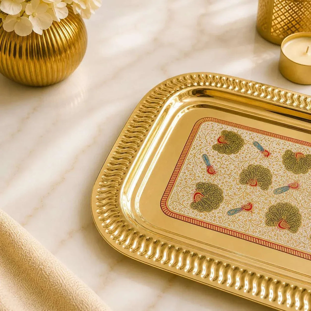 Brass Hand Painted Peacock Serving Tray / Platter