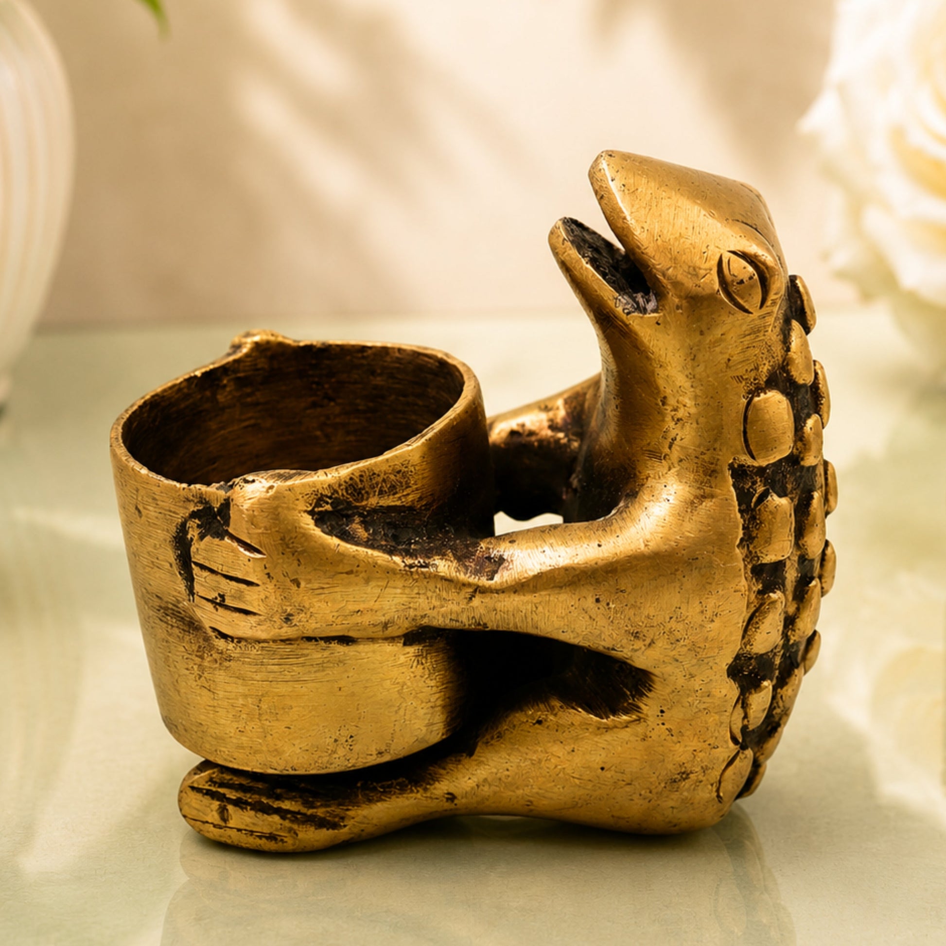 Brass Frog Candle Holder Handmade Traditional Deepam for Pooja Home Decor Vastu & Spiritual Gifting, Gold, 3 Inch, 1 Piece