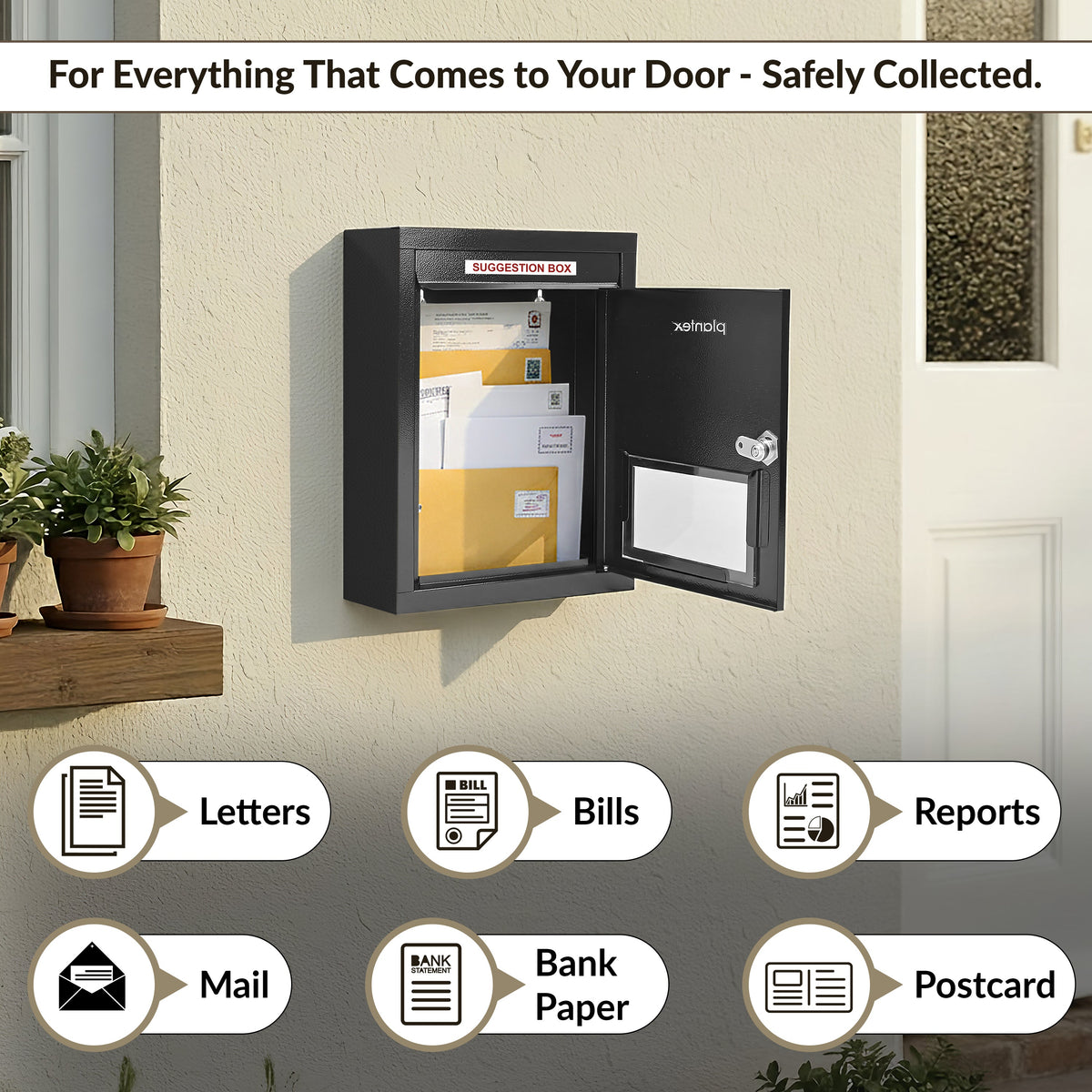 Plantex All in 1 Letter Box/Multipurpose Box- Suggestion Box/Complaint Box/Post Box/Donation Box/Letter Box for Home gate and Office with Keylocks - Table Top, Wall Mounted - GI Steel (Black)-5