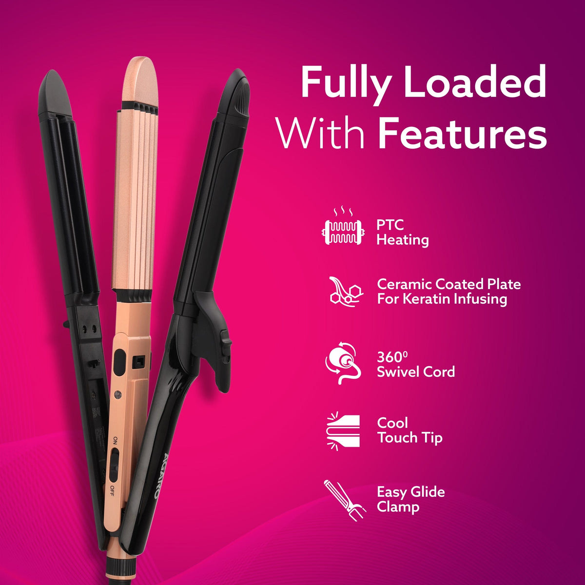 AGARO 4 in1 ஹேர் ஸ்ட்ரைட்டனர், அலை அலையான ஹேர், க்ரிம்பர், கர்லர், ஹேர் ஸ்டைலர், கெரட்டின் உட்செலுத்தப்பட்ட செராமிக் கோடட் பிளேட், மாறக்கூடிய ஸ்டைல் அமைப்புகள், ஹேர் ஸ்டைலிங், கருப்பு &amp; ரோஸ் கோல்ட், HS1719 -5