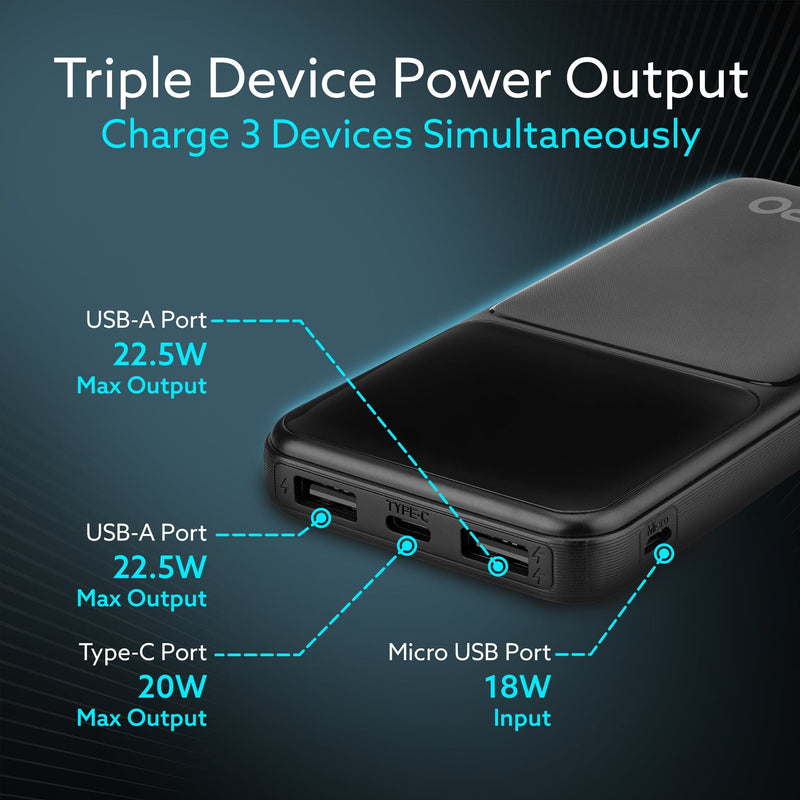 AGARO Regency Power Bank 10000 mAh, 22.5W Power Delivery for Smartphones, Portable, USB C & Micro Input, USB A1,A2 & C O