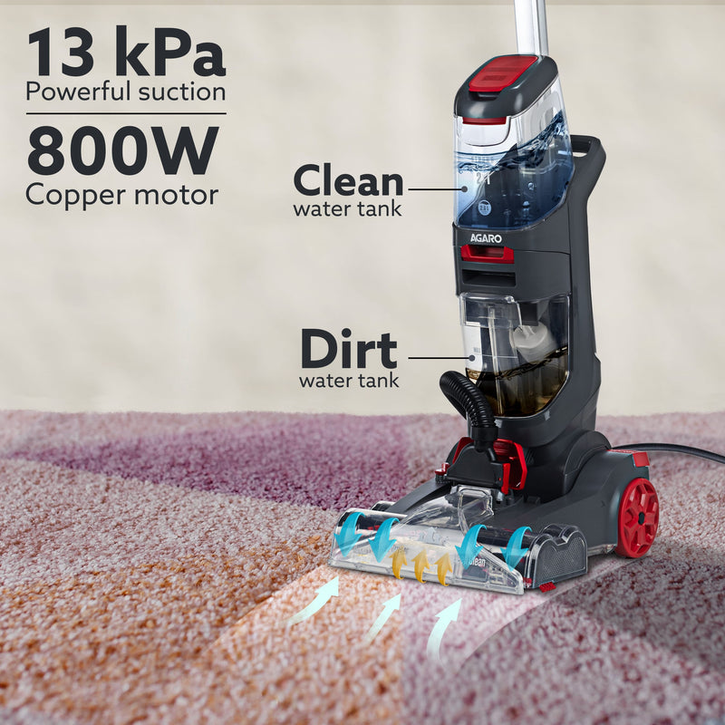 AGARO Elite Upright Wet & Dry Carpet Cleaner, 800W, 13.5 kPa Suction Pressure, 2 in 1 Handheld Carpet Spot Cleaner Machi