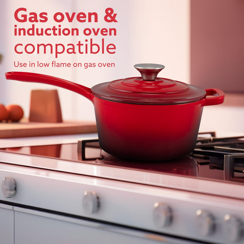 AGARO Royal Enamelled Cast Iron Sauce Pan with Lid, 19 Cm Diameter, 1.9 Liter Capacity, No Chemical Coating, Heavy Botto