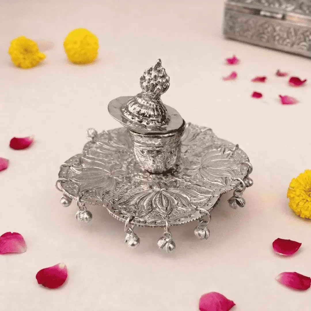 German Silver Kumkum Box With Ghungroo (3.5 Inch)