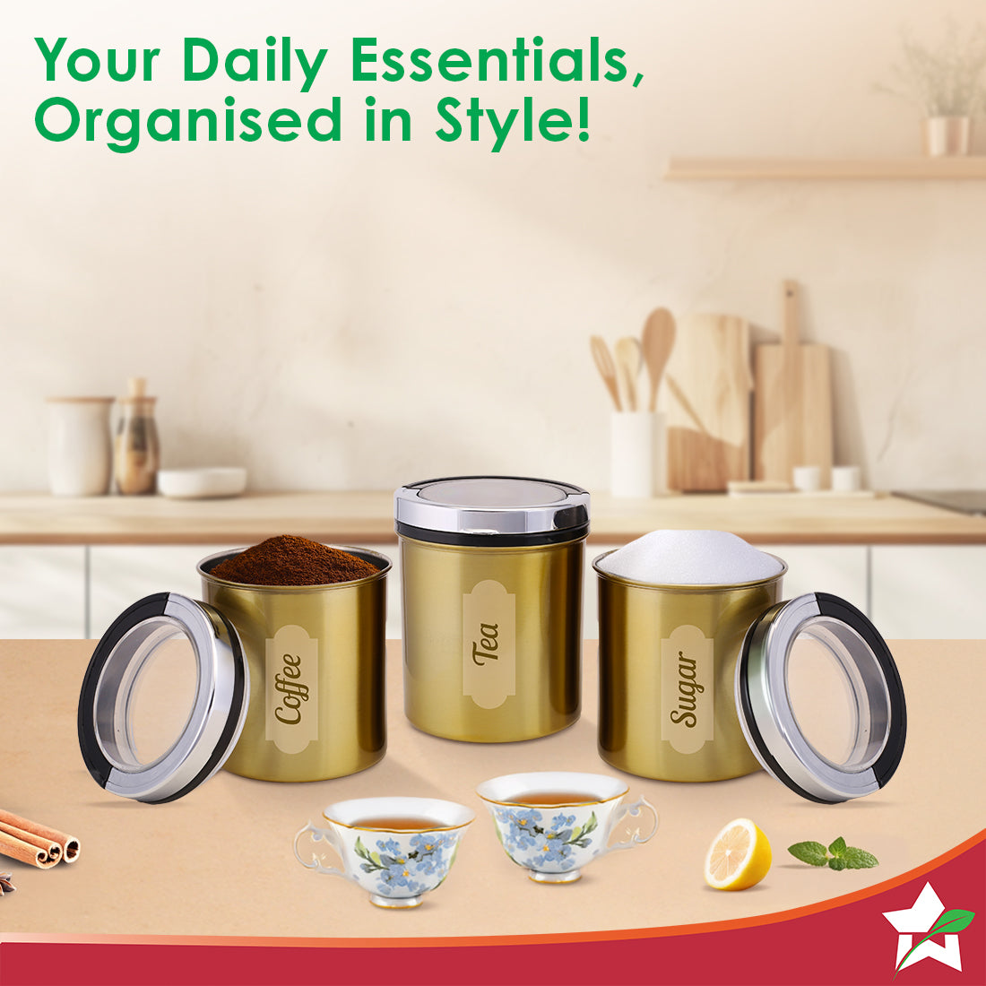 Wonderchef Ambrosia Kitchen Organiser 3 Pc. Set with See-through Lid for Kitchen/Dining Table, Store Tea Coffee Sugar, A