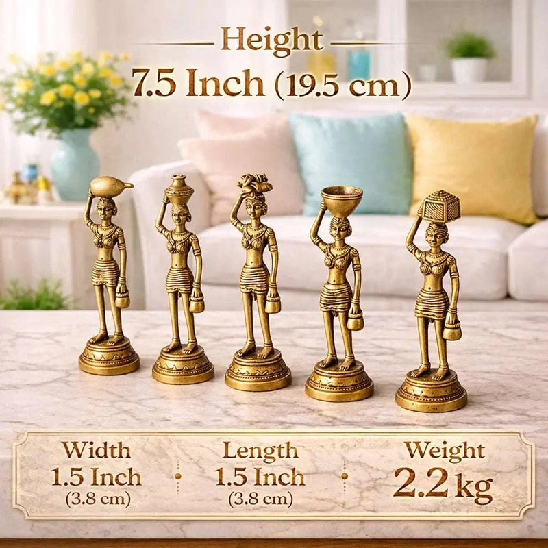 Brass Tribal Lady Statue Decor Set Of Five (7.5 Inch)