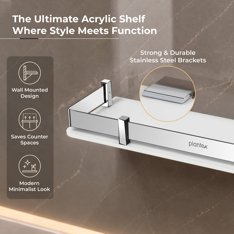 Plantex Acrylic Shelf for Bathroom/Living Room Wall Mounted Shelf with Silver Railings - Bathroom Accessories (White, 18x6 inches)-3