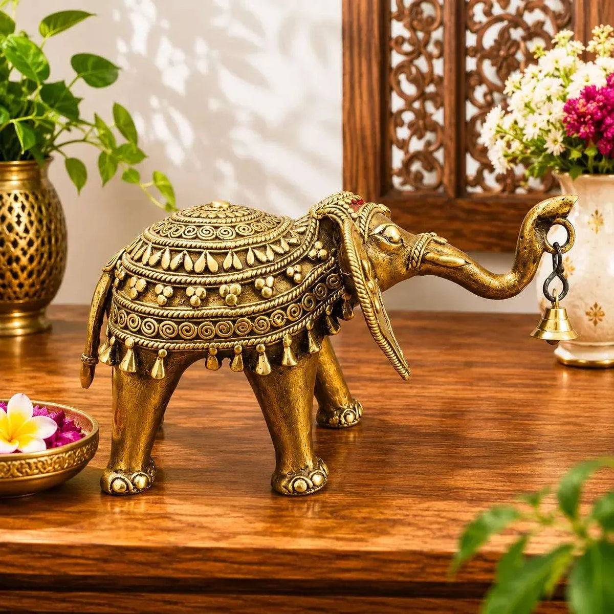 Brass Handcrafted Dhokra Elephant Statue With Bell (5.5 Inch)