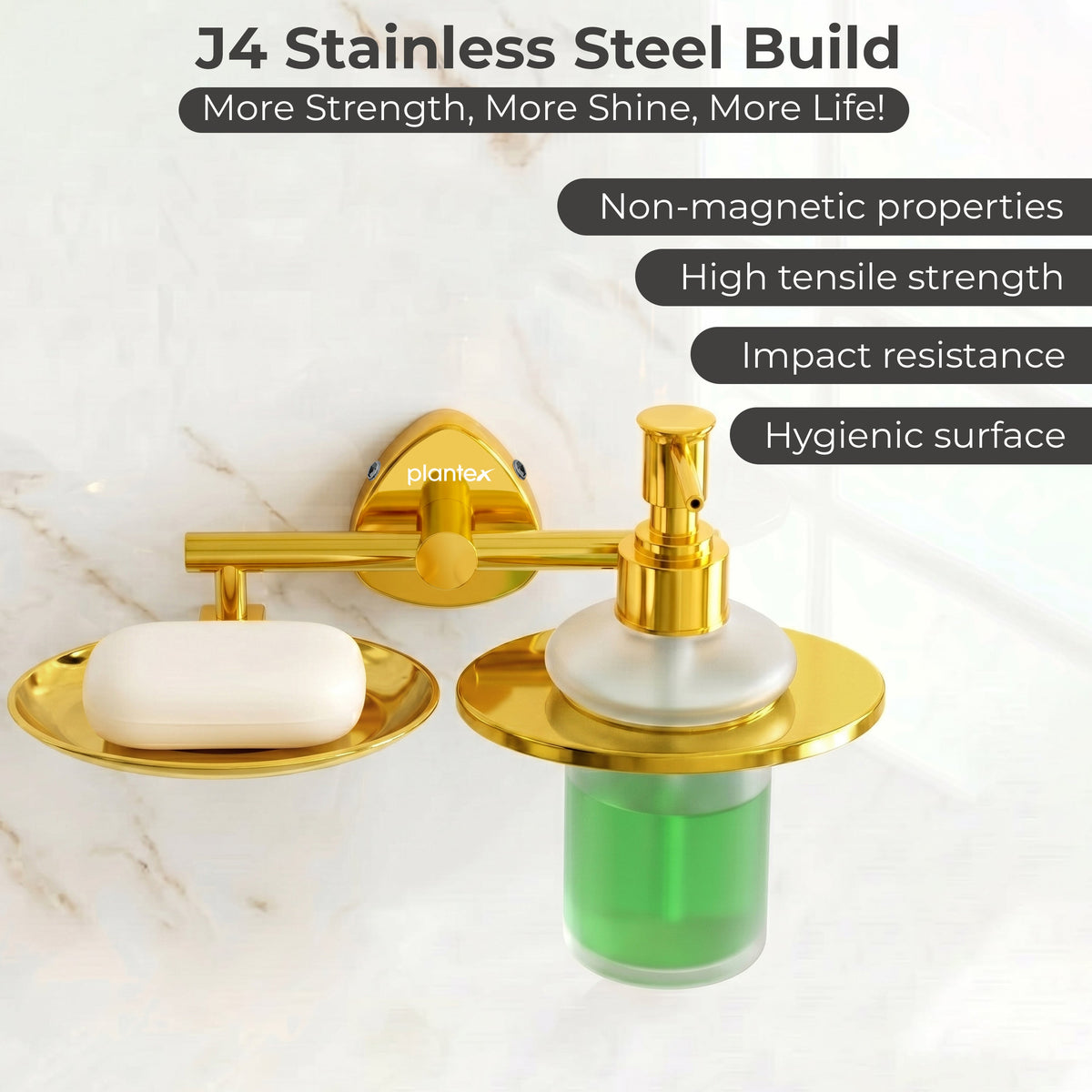 Plantex J4 Stainless Steel Soap Dish with Liquid Dispenser/Soap Stand for Bathroom Wall Mount/Shampoo Dispenser/Bathroom Accessories (PVD Gold Finish) Angel-4