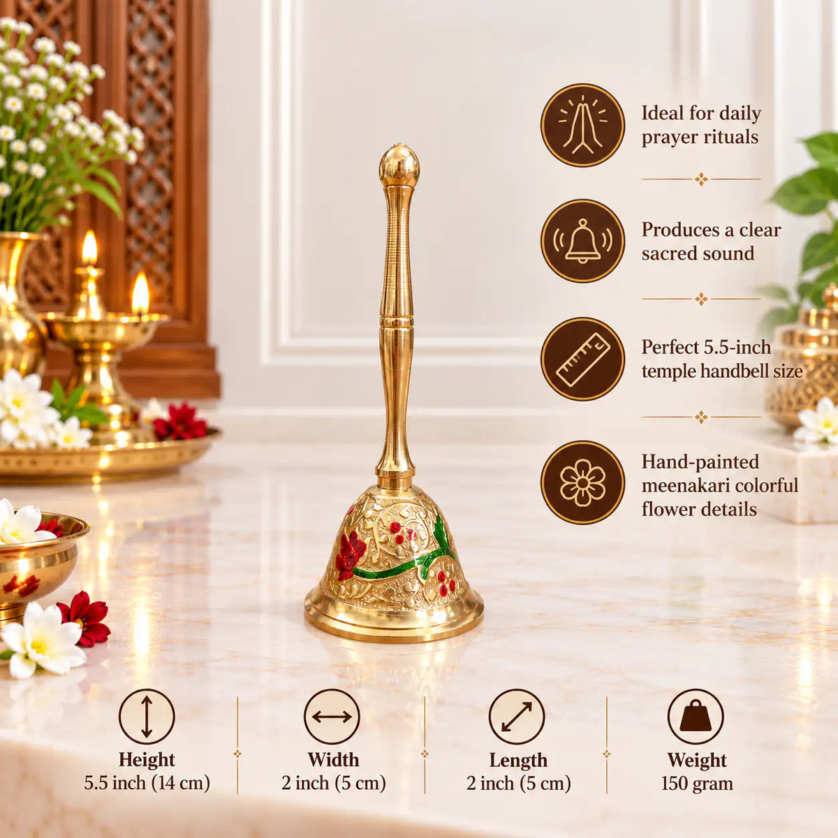 Brass Hand Painted Meenakari Handbell (5.5 inch)