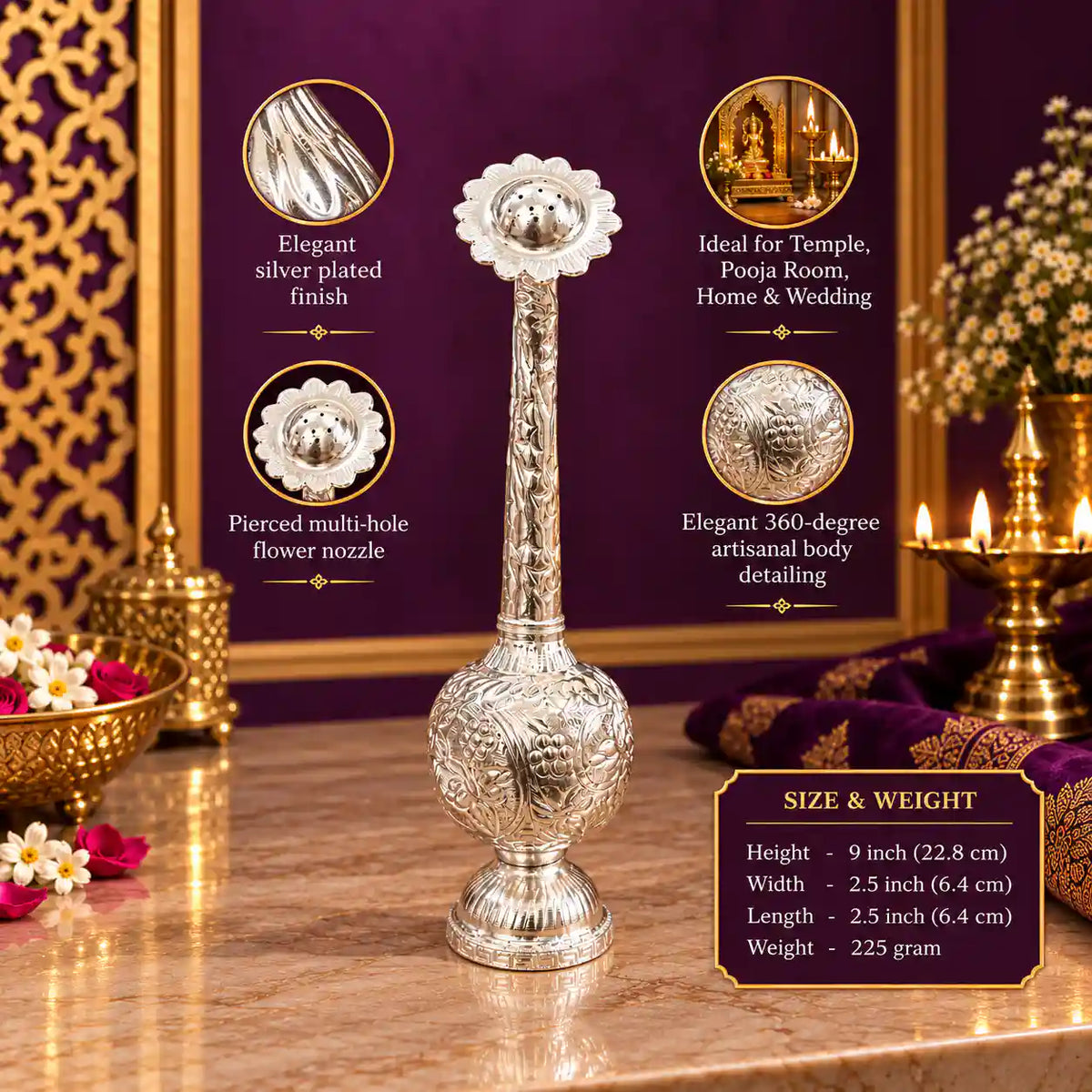 Brass Silver Plated Rose Water Sprinkler (9 Inch)