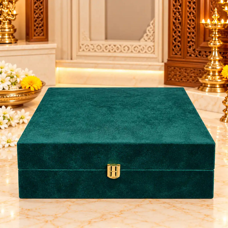 Brass Silver Plated Pooja Thali Set With Velvet Box (1.9 kg)