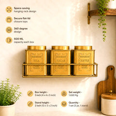 Brass Square Storage Jars / Canister Set With Wall Hanging Stand (Set of 3)