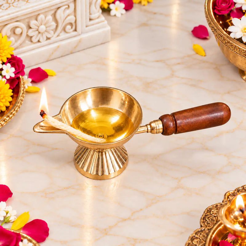 Brass Aarti Diya with Wooden Handle