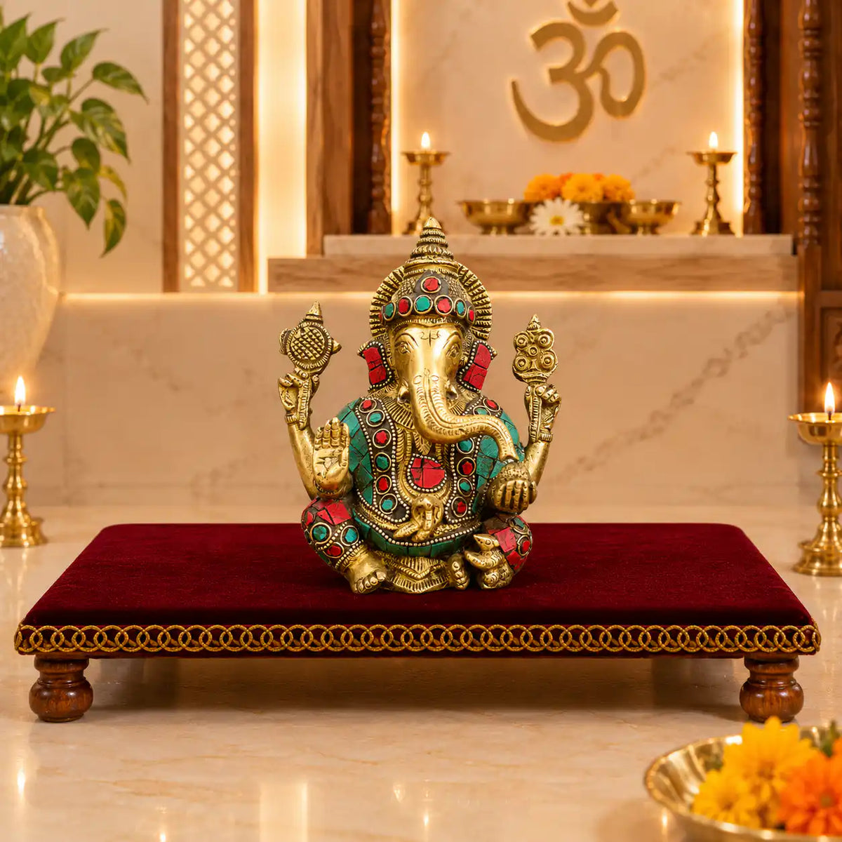 Brass Stone Work Sitting Ganesha Idol