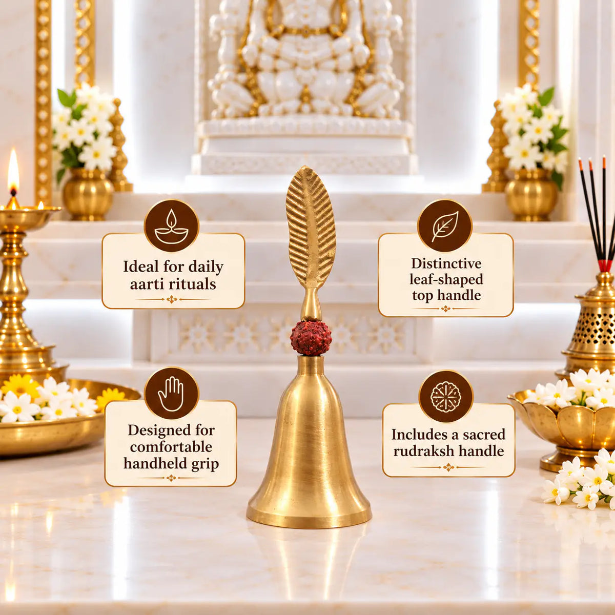 Brass Rudraksh Leaf Design Handbell (6 Inch)
