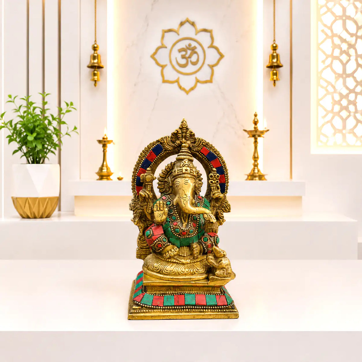 Brass Stone Work Sitting Ganesha Idol