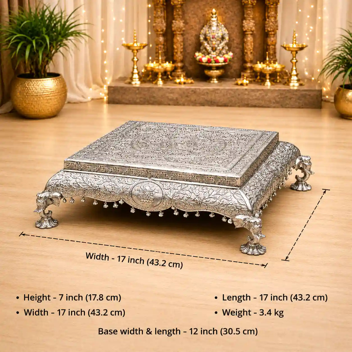 German Silver Handcrafted Chowki with Elephant Leg (7 Inch)