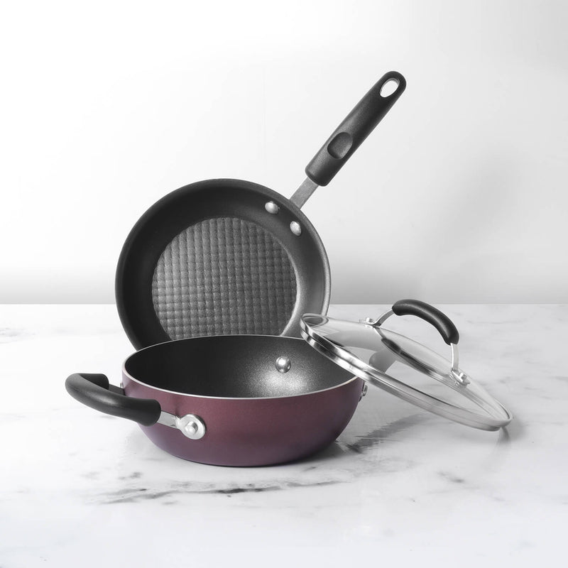 Meyer Merlot Non-Stick 3pcs Set 20cm Frypan + Kadai Set with Interchangeable Glass Lid