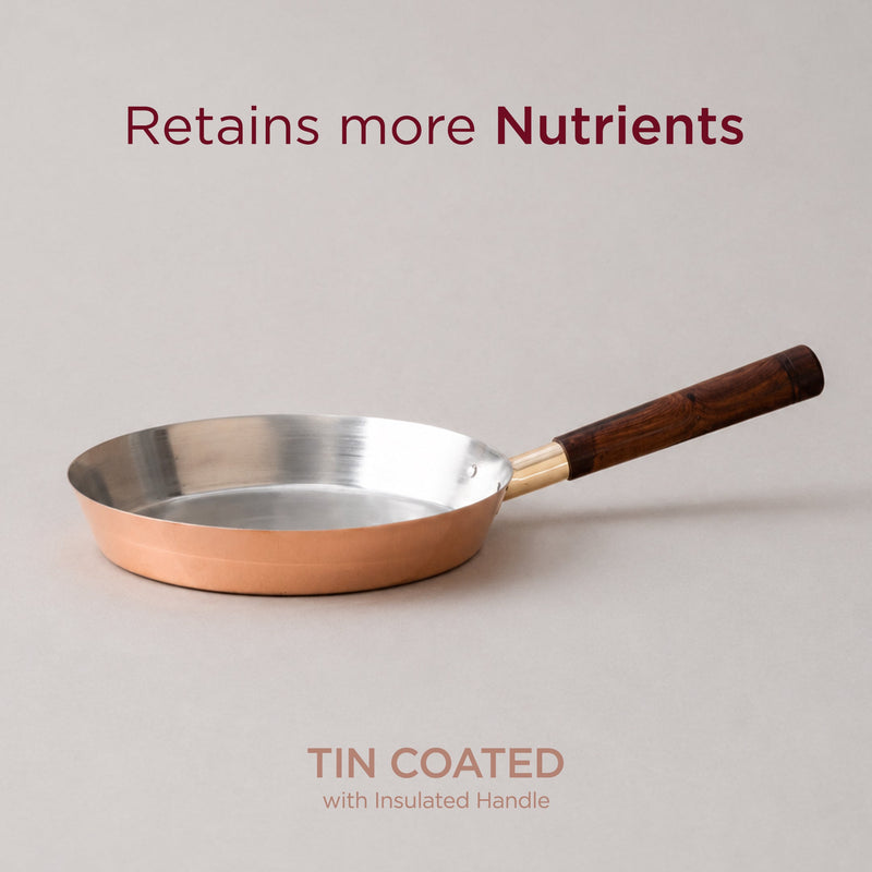 Traditional Copper Fry Pan with Tin Coating and Insulated Handle (तांबा का फ्राई पैन)