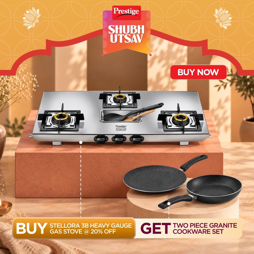 Prestige Stellora Stainless Steel L.P. Gas Stove (With Stainless Steel Body and 3 Unit Brass Burners), Prestige Omega Deluxe Granite Twin Pack | Fry Pan 24cm & Omni Tawa 25cm | Durable Granite Finish Coating | PFOA Free | Metal Spoon Friendly | Gas & Indu