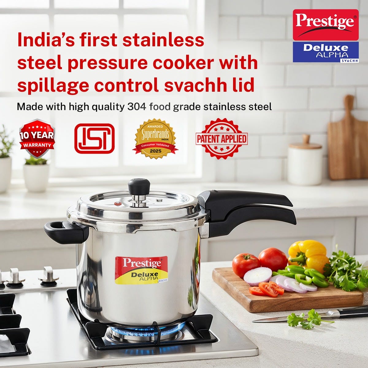 Prestige Deluxe Alpha Svachh Stainless Steel Spillage Control Pressure Cooker, 5.5 L (Silver), Prestige Omega Deluxe Granite Non-stick Round Base Omni Tawa, 28 cm (Black)