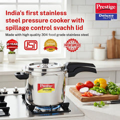 Prestige Deluxe Alpha Svachh Stainless Steel Spillage Control Pressure Cooker, 5.5 L (Silver), Prestige Omega Deluxe Granite Non-stick Round Base Omni Tawa, 28 cm (Black)