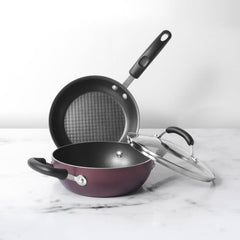 Meyer Merlot Non-Stick 3pcs Set 26cm Frypan + 26cm Kadai Set with Interchangeable Glass Lid