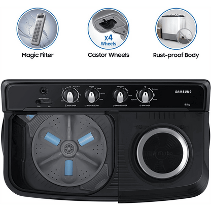 SAMSUNG 8.5 kg 5 Star Semi Automatic Washing Machine with Air Turbo Drying System (WT85B4200GD/TL, Dark Grey)