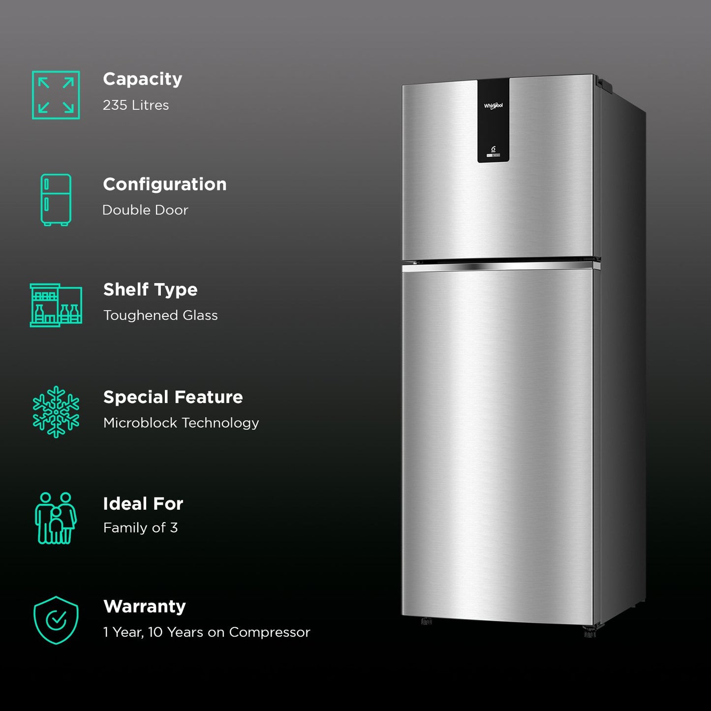 Whirlpool Neofresh 235 Litres 2 Star Frost Free Double Door Refrigerator with Microblock Technology (22099, Grey)