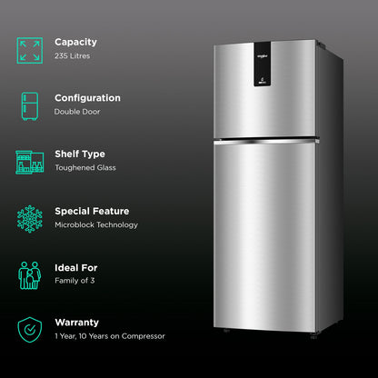 Whirlpool Neofresh 235 Litres 2 Star Frost Free Double Door Refrigerator with Microblock Technology (22099, Grey)