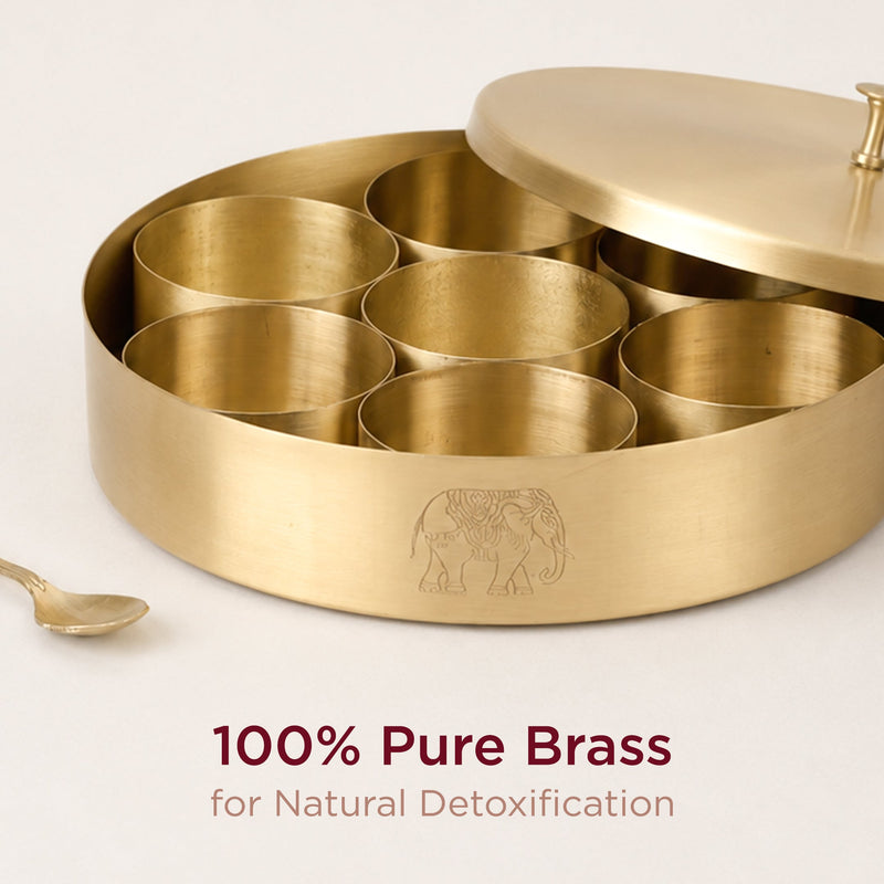 Handcrafted Brass Masala Box • 7 Compartments and a Spoon (पीतल की मसाला दानी) | Total Weight: ~1.2 kg