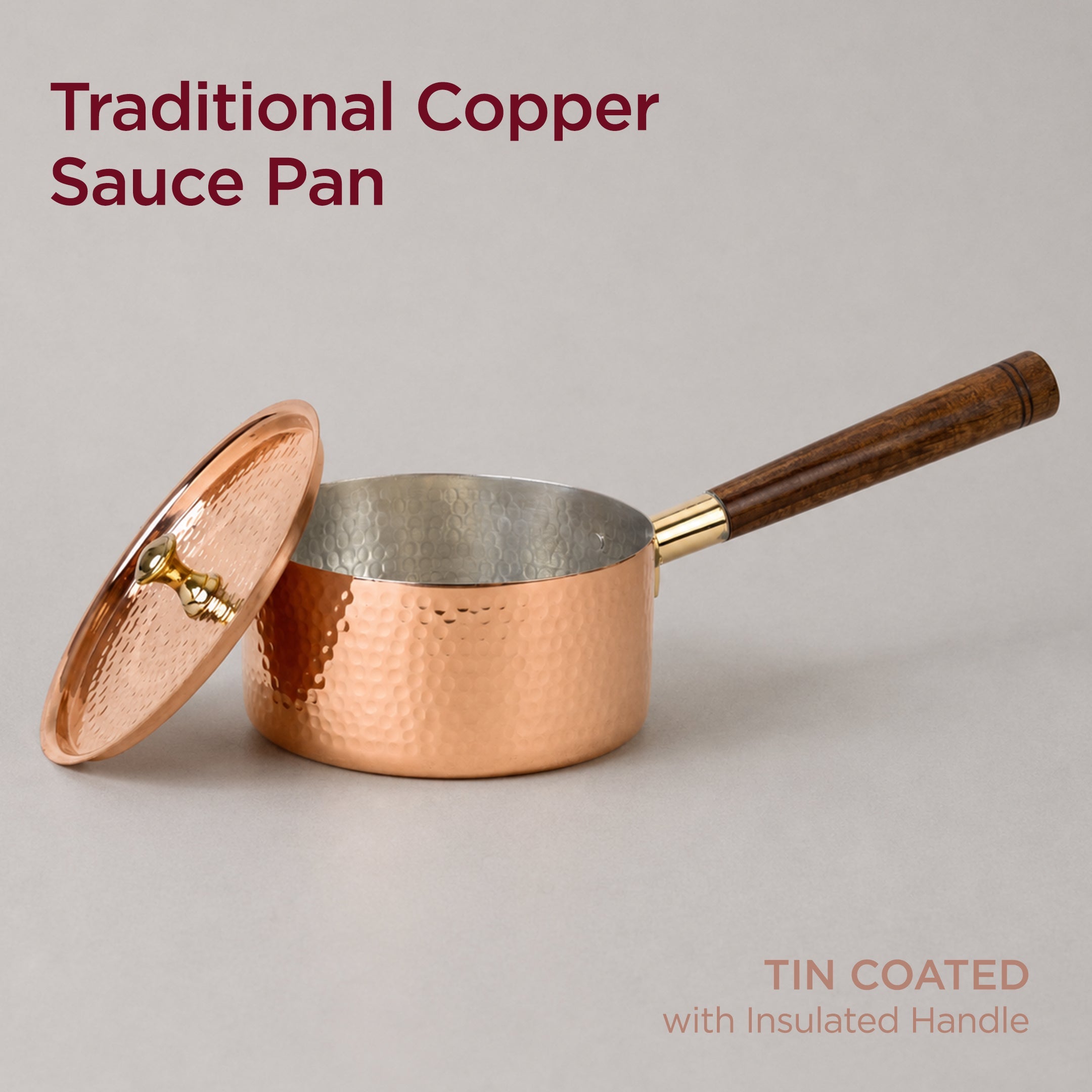 Traditional Copper Sauce Pan with Tin Coating, Lid & Insulated Handle (तांबा का सॉस पैन) | Total Weight: ~700 g