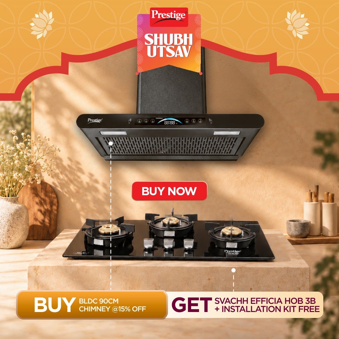 Prestige Premia 90 cm BLDC Chimney, 1400 m³/hr Suction, 10 Speeds, Gesture & Touch Control, Auto Clean, Filterless + Prestige Svachh Efficia Hob 03 AI, Glass Top, 3 Brass Burners + Installation Kit