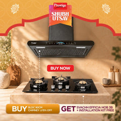 Prestige Premia 90 cm BLDC Chimney, 1400 m³/hr Suction, 10 Speeds, Gesture & Touch Control, Auto Clean, Filterless + Prestige Svachh Efficia Hob 03 AI, Glass Top, 3 Brass Burners + Installation Kit
