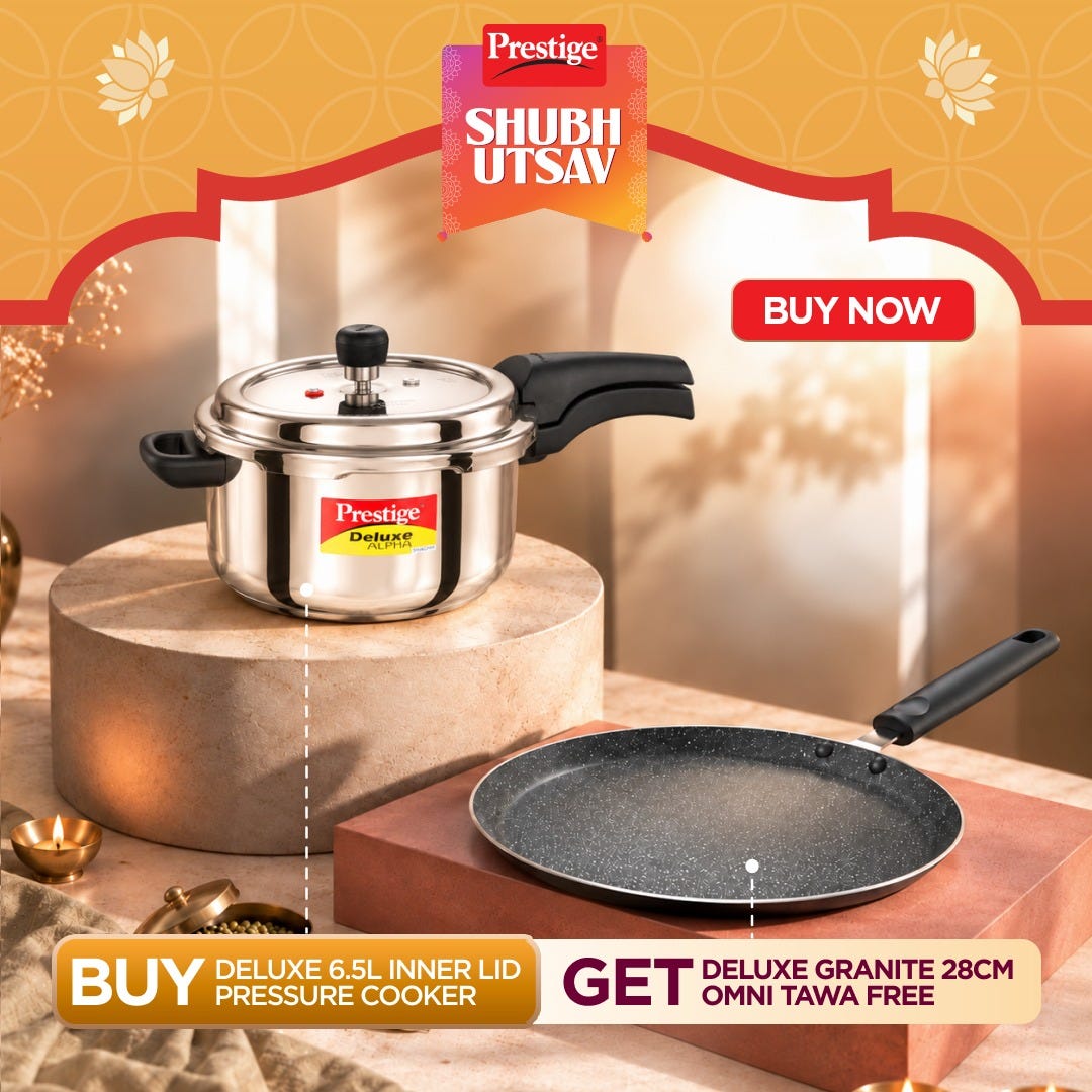 Prestige 6.5 Litre Stainless Steel Deluxe Alpha Svachh Outer Lid Pressure Cooker, Triply Base, Gas & Induction Compatible, ISI + Prestige Omega Deluxe Granite Non-stick Omni Tawa, 28 cm, Black