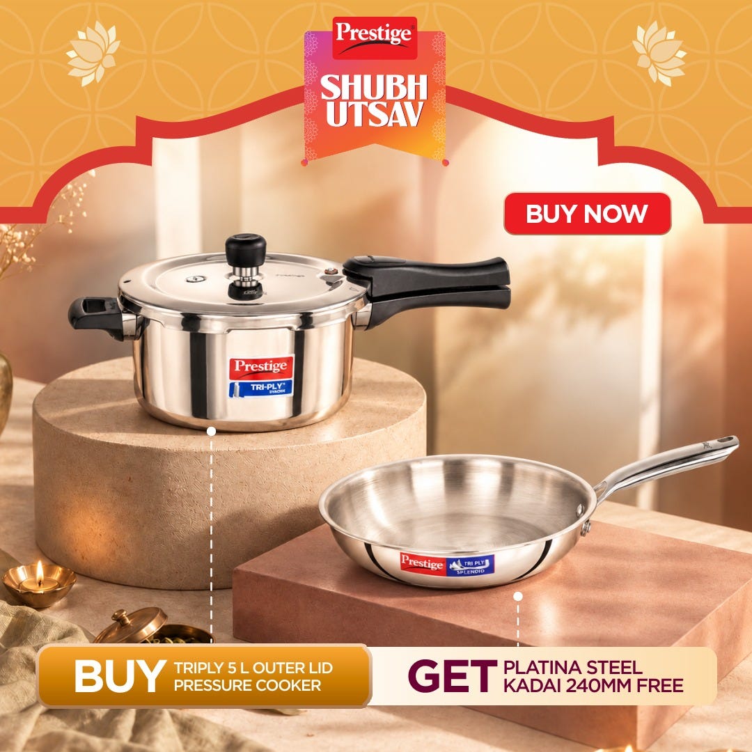 Prestige Svachh Triply Outer Lid Pressure Cooker with Unique Deep Lid for Spillage Control, 5 Litre, Silver + Prestige 24cm/1.7L Tri-Ply Stainless Steel Splendid Fry Pan, Gas & Induction, 15Y Warranty