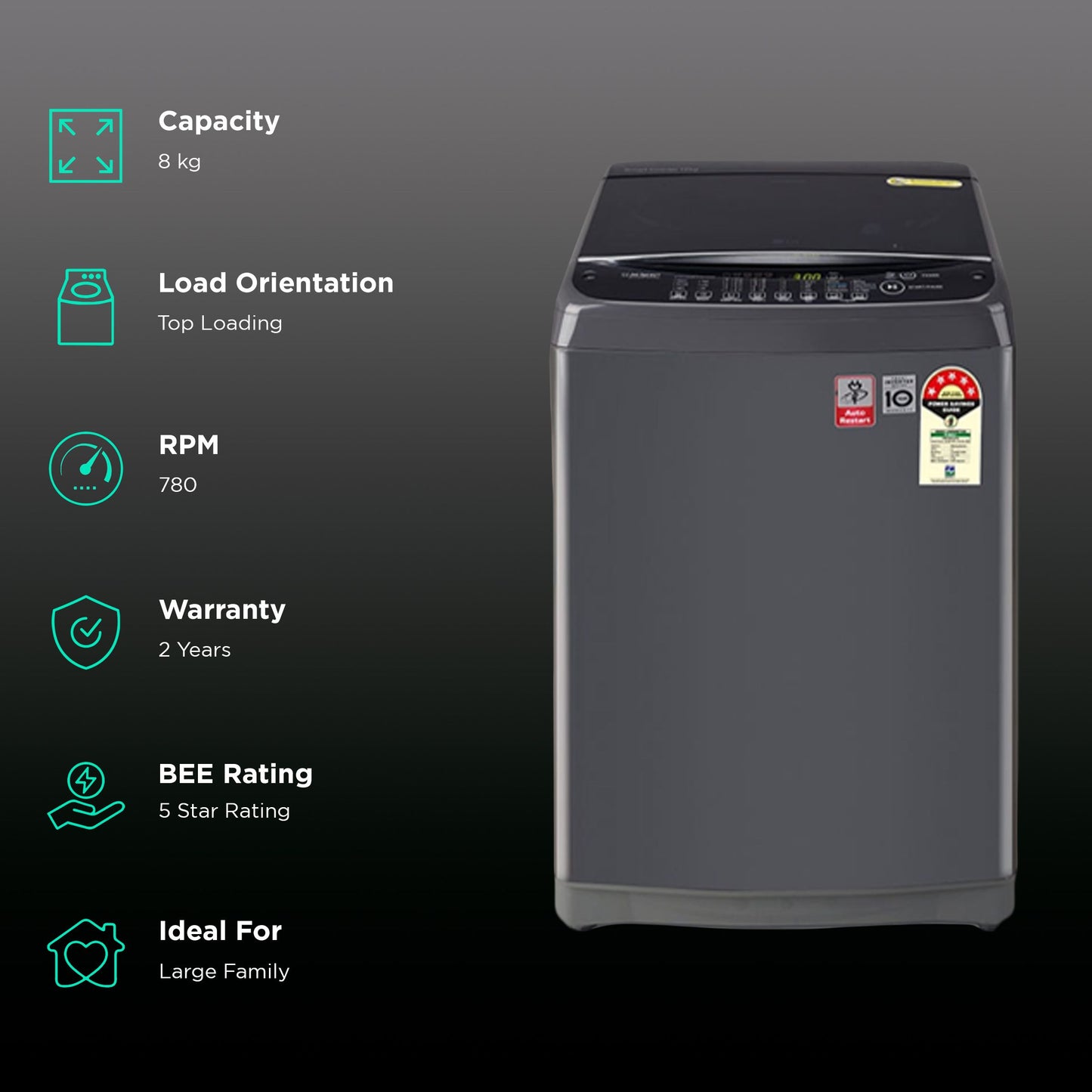 LG 8 kg 5 Star Inverter Fully Automatic Top Load Washing Machine (T80AJMB1Z.ABMQEIL, Stainless Steel Tub, Middle Black)