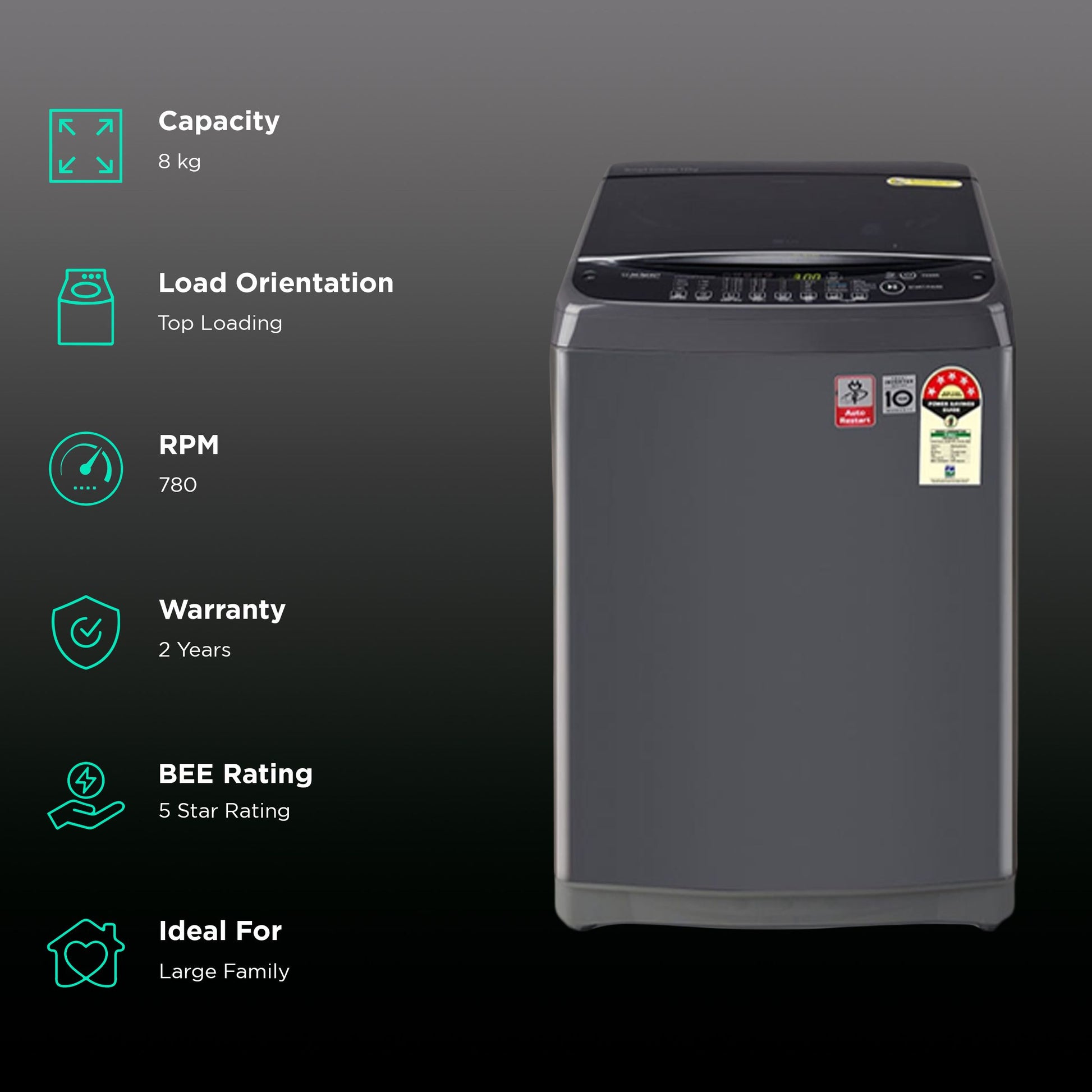LG 8 kg 5 Star Inverter Fully Automatic Top Load Washing Machine (T80AJMB1Z.ABMQEIL, Stainless Steel Tub, Middle Black)