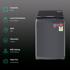 LG 8 kg 5 Star Inverter Fully Automatic Top Load Washing Machine (T80AJMB1Z.ABMQEIL, Stainless Steel Tub, Middle Black)