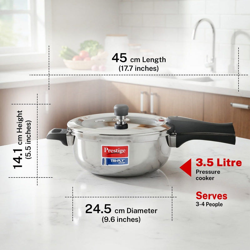 Prestige Svachh Triply Outer Lid Pressure Cooker with Deep Lid for Spillage Control, 3.5 Litre, Silver + Prestige Platina Popular Stainless Steel Impact Forged Bottom Kadai with Glass Lid, 24cm, 2.8 L